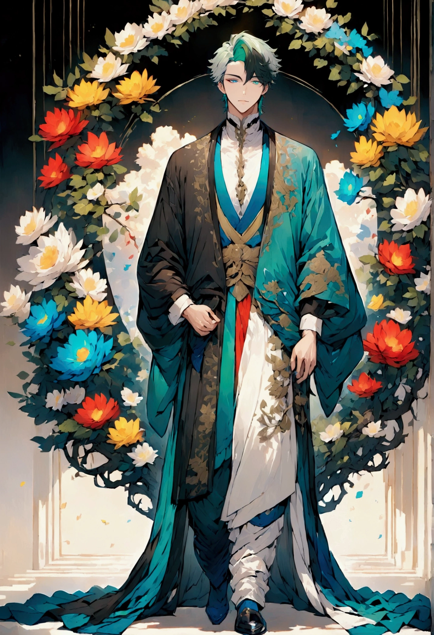 whole body, Half blue and half green hair, male, , beauty, tall