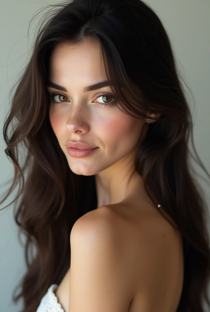 Femme realiste photographie brune cheveux long de 25 ans réaliste qui regarde la camera