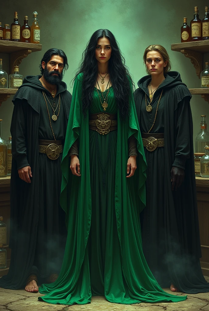a Wiccan priestess, black hair with green cloak and black cape.
Two men who are apprentices,mages, one of them is fat with a beard, the other is thin.
They are in a room with a shelf full of potions.