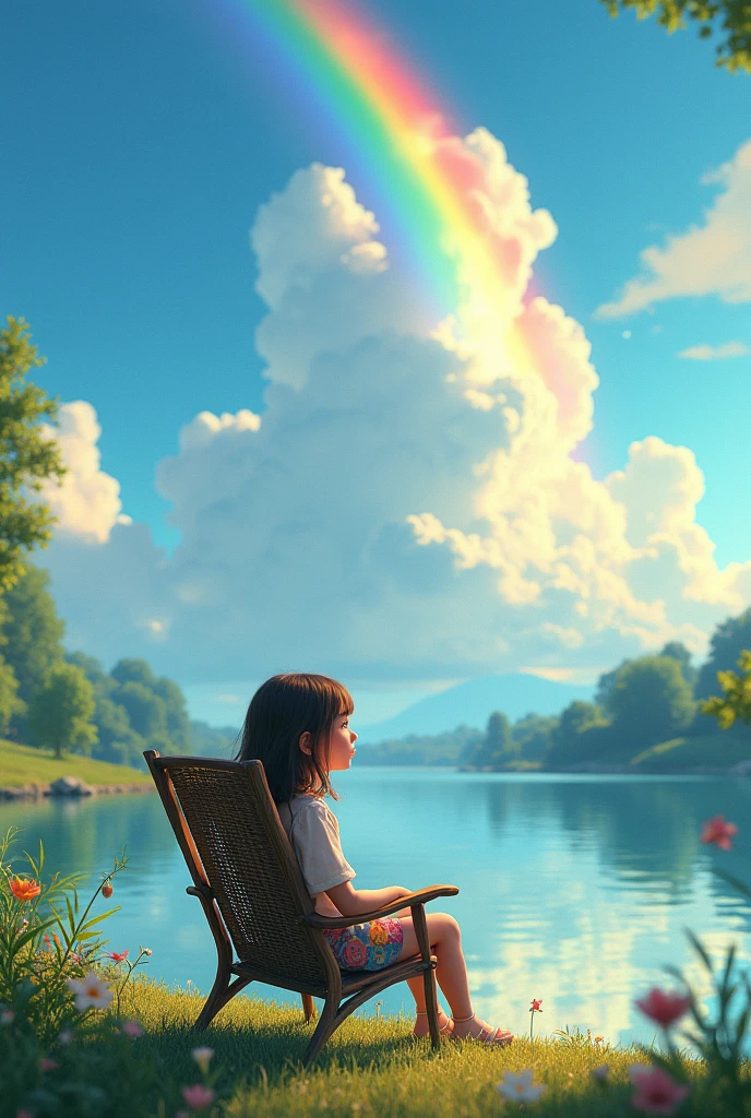 A girl sitting in a chair near in lake with sunny weather with rainbow