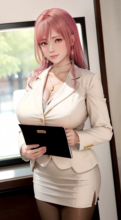 Honoka, Secretary,Pink Hair,cleveage,big breasts, white blazer, beige Pantyhose,Lovely,necklace,earrings,Red lips,Shy, secretary, Holding a folder,office, red pencil skirt
