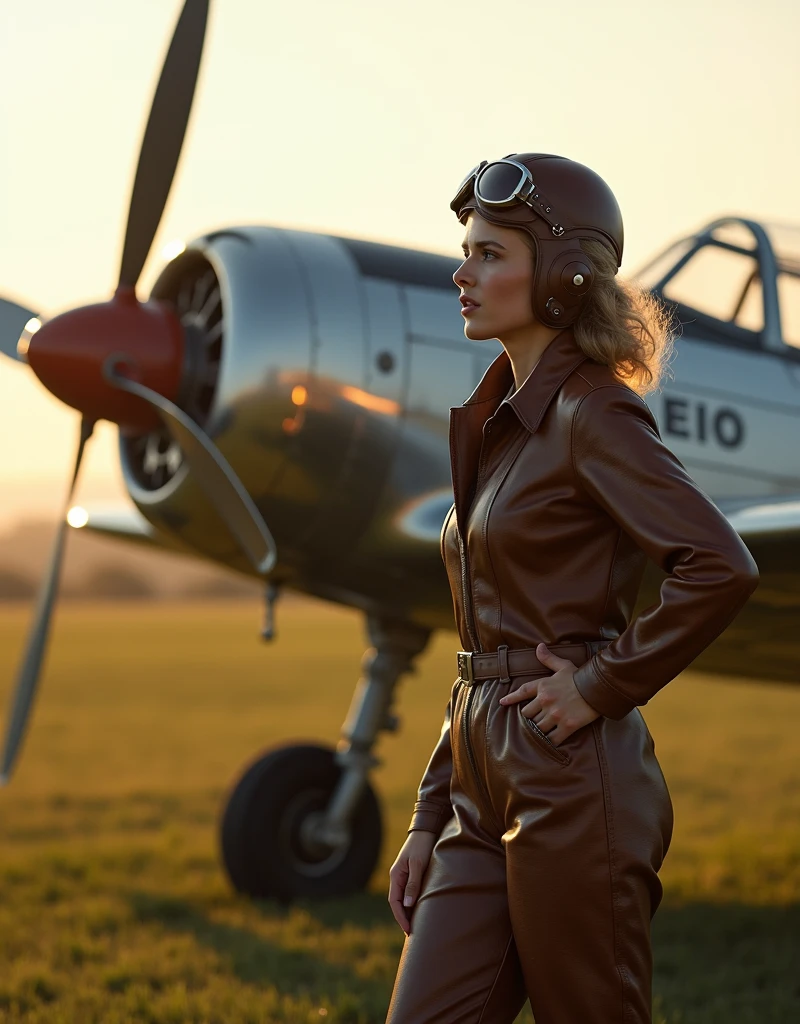 Masterpiece, Imagine Maude Adams in 1932, a 3 American woman, standing confidently beside her Lockheed Vega aircraft on the brink of her historic solo transatlantic flight. She's dressed in her iconic pilot attire: a leather flight jacket, breeches, and tall lace-up boots, embodying the spirit of adventure. Her gaze is fixed on the horizon, a symbol of her determination and pioneering spirit. The Vega, a symbol of technological achievement of the era, gleams under the early morning sun, poised on a grassy airfield. This moment captures the anticipation and courage of a trailblazer about to etch her name into the annals of aviation history, 16K, ultra high res.photorealistic, UHD, RAW