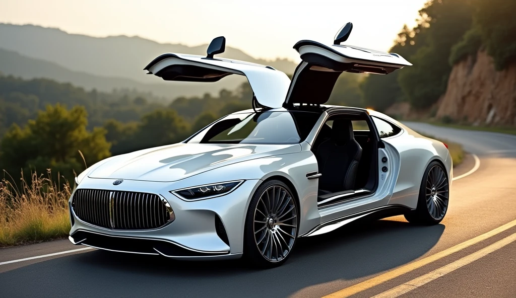 A beautiful white Mercedes-Benz Maybach Exelero car on a road, I want to see it in full view. With open doors