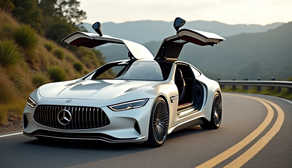 A beautiful white Mercedes-Benz Maybach Exelero car on a road, I want to see it in full view. With open doors