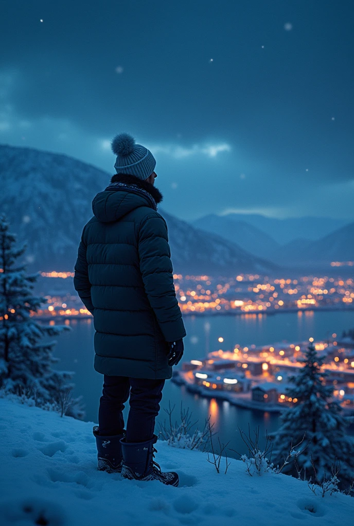 Man looking down on tromso city at night in snowy weather