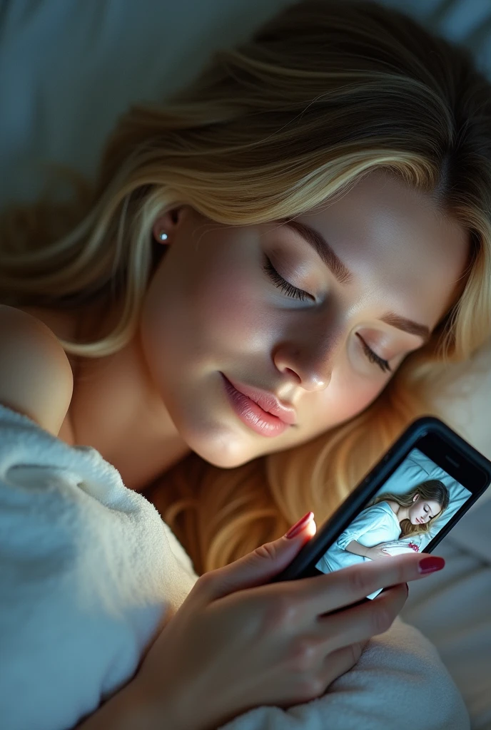 A close-up of Beautiful blonde woman phone screen showing the new photo message, featuring a picture of her sleeping, taken from above.