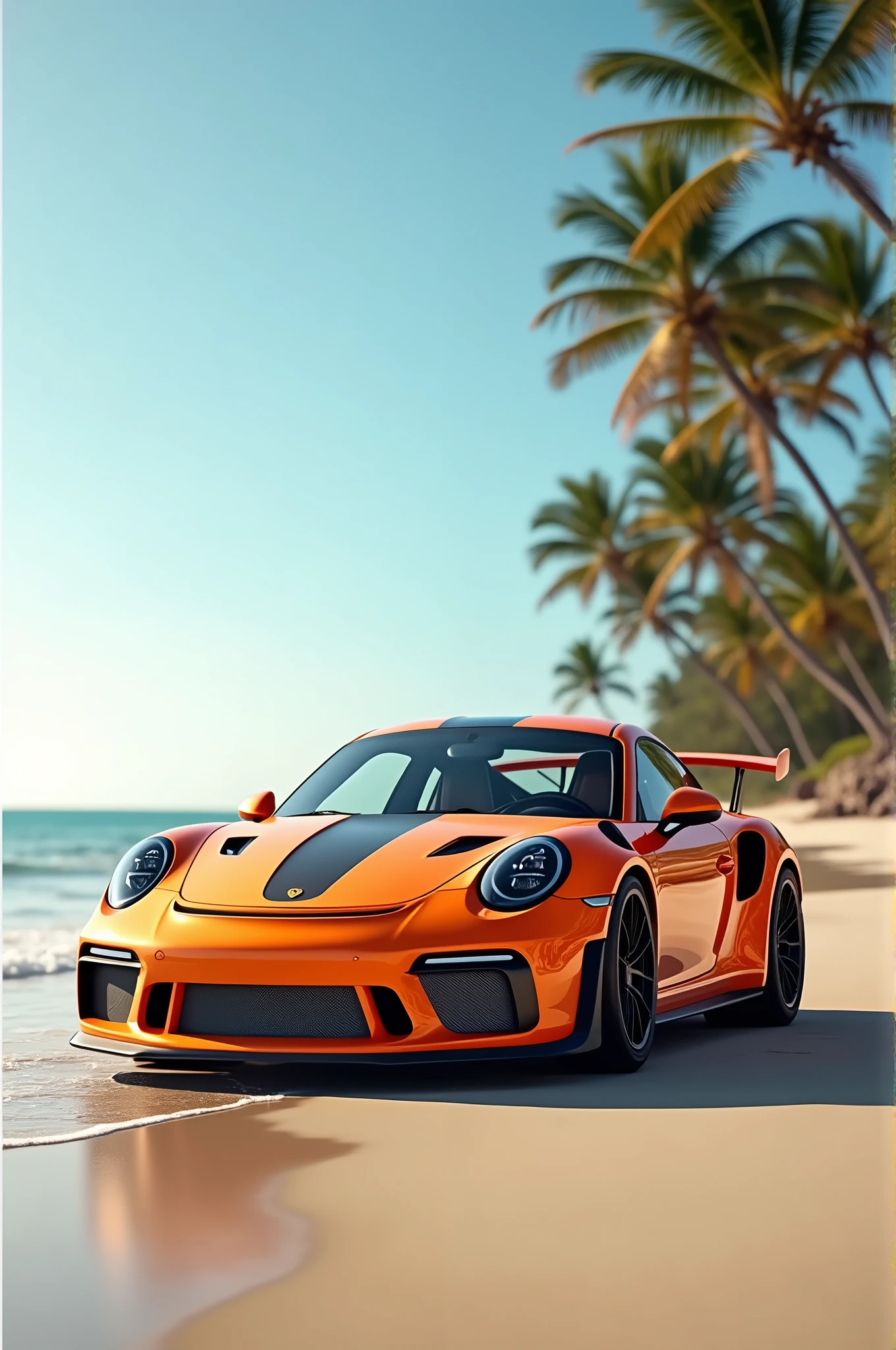 porsche gt3 rs color orange, wallpaper beach background sony α7 III, candid 4k, F1. 2, 85mm, 32k render, photography realistic