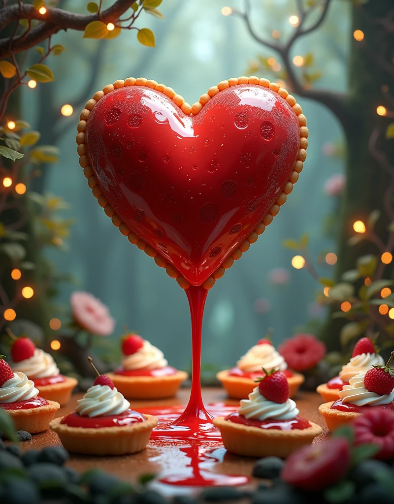 In surrealist style, imagine a biomechanical heart-shaped container, suspended in the air dripping a viscous and shiny red liquid, reminiscent of maple syrup, within a high-tech environment infused with a food setting. The container is surrounded by a dozen adorable, intricately designed panqueques, each topped with a dollop of whipped cream and fresh fruits. The entire scene is set against a mystical forest backdrop, with twinkling lights and vines entwined with wires, blending nature and technology in a fantastical ambient.