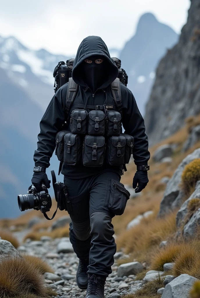 photographer wearing black tartical clothes. with cap and hoodie carry a lot of tactical bags holding camera to take photo and wearing black mask in the mountains. got waps

