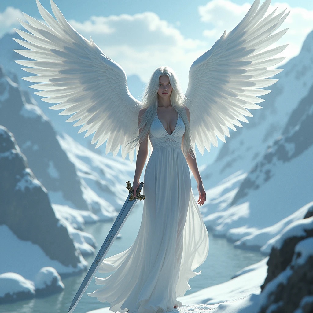 1girl, Solo, Long Hair, Breasts, From Above, Accurate, Best Quality, Anatomically Correct, A tall Young women, stunningly beautiful, with wing sprouting from her back like an angle, her decent from the sky on a snowy mountain top with a seren river flowing in the back made her look even more Mesmerizing, she has Silver-white hair and Holding a long sword in her hand, her calm grey eyes