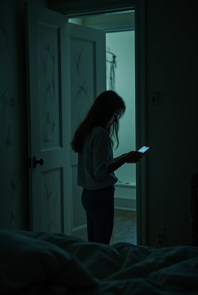 A shadowy, eerie view of the bedroom wall, with a hint of a scratching mark and a subtle, sinister texture.
The interior of a dark closet door, with an ominous, faint light seeping through the cracks, suggesting something unsettling within.
A close-up of Jessica’s trembling hand, holding the phone with the photo message, her fingers clearly showing anxiety.
The wall of Jessica’s bedroom with visible, frantic scratching marks, suggesting an intense struggle or disturbance from inside.
A perspective shot from inside the closet, looking out towards the bedroom with the faint outline of scratching marks visible on the wall.
Jessica’s bedroom with the bed in disarray, indicating her sudden movement or disturbance as she reacts to the scratching sound.
A detailed shot of the photo message on Jessica’s phone, showing a clear image of her sleeping in bed, with a faint shadow or light indicating the vantage point of the photo.
A shot of the dark, ominous corner of Jessica’s bedroom, with the scratching sound intensifying, creating a palpable sense of dread.
A ghostly image of the wall with eerie shadows or light distortions, enhancing the sense of something lurking behind the surface.
Jessica’s face in close-up, illuminated by the phone’s screen, showing a mix of confusion and terror as she processes the unknown messages.
An exterior view of Jessica’s apartment building at night, with a focus on the window of her bedroom, hinting at the tension and mystery inside.