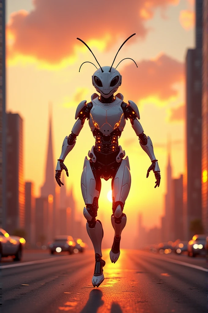 Fire ant in white glossy cyborg costume sending between sky scrapers at sunsets