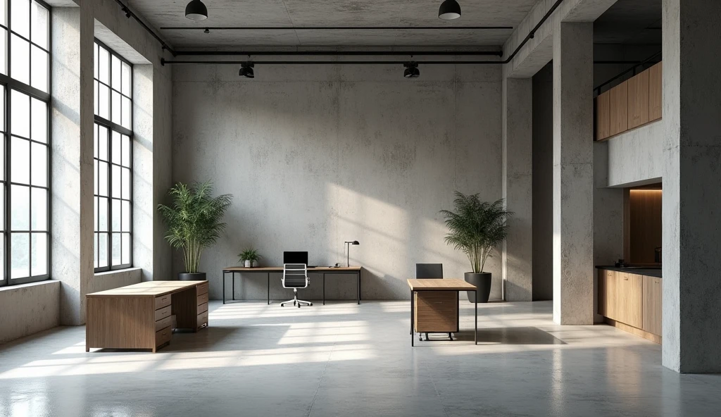 Office interior, exposed concrete, Rough style, Not many desks, Photo-like