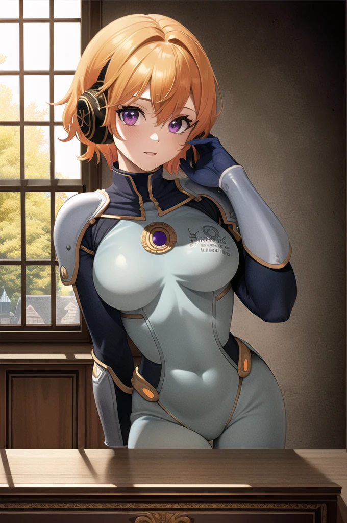 masterpiece, ((ultra detailed background, delicate pattern, intricate detail)), (highly detailed, fine details), best quality, beautiful lighting, ((medium breasts, slim girl)), 1girl, Lilith, (bangs covering one eye), ((light orange hair)), headphones, purple eyes, dark-blue jacket, ((pink bodysuit, full-body suit)), complex detailed background, inside, castle room environment, medieval castle, gray walls, window, bookshelf, (close-up, portrait),  