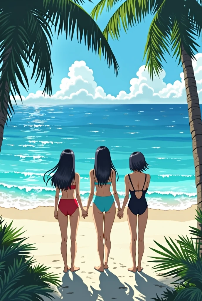 Sunny beach on a southern island、Drifting and drifting、Waiting for help in a swimsuit、Three adult Japanese women、Looking out to sea
