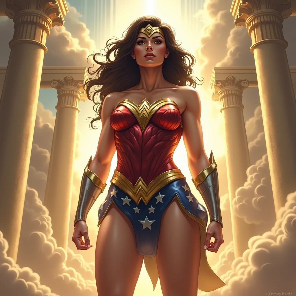 Wonder Woman with large breasts and athletic build and Zeus