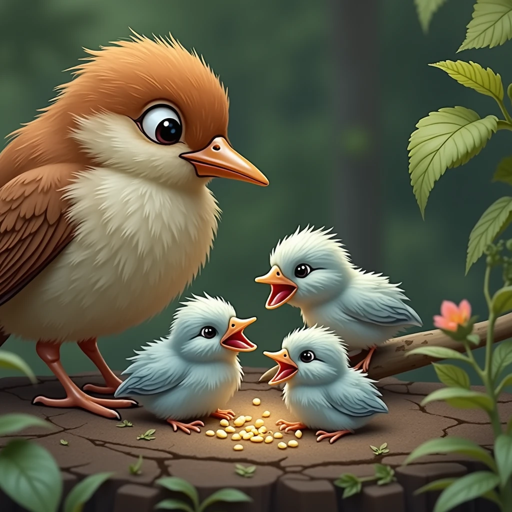 Cute sparrow is feeding her three tiny chicks. Their soft chirps and the gentle flapping of Chidiya's wings fill the air.