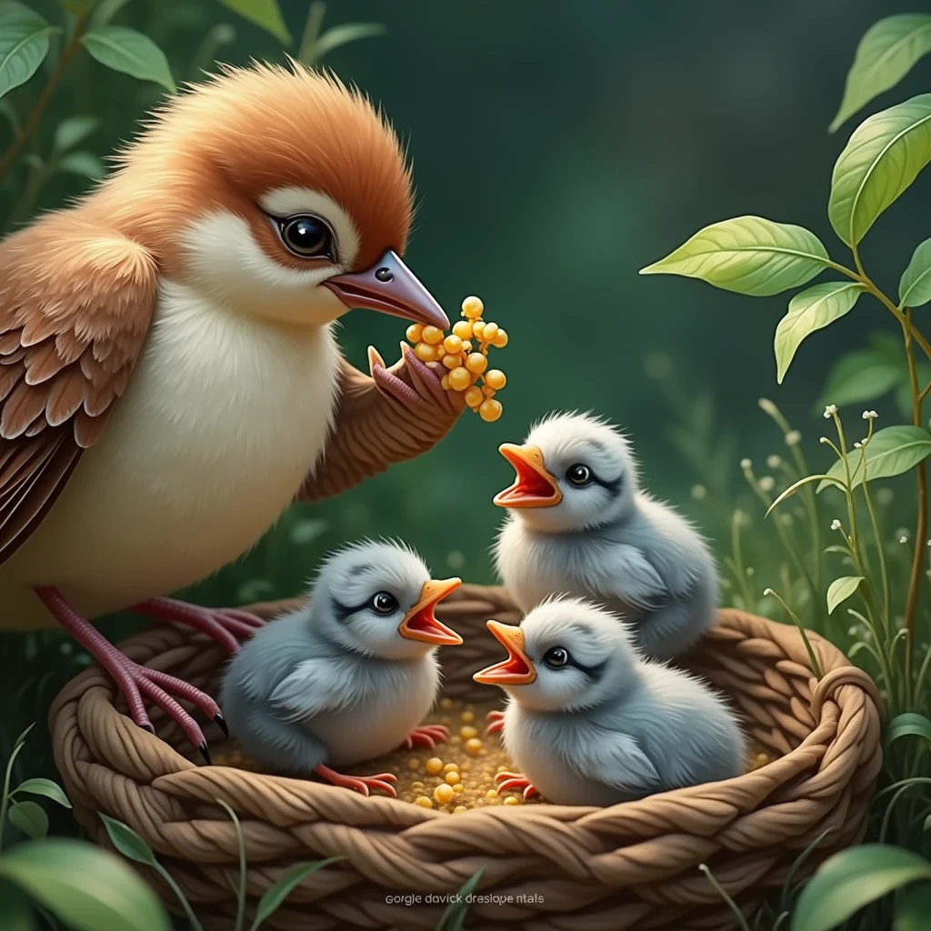 Cute sparrow is feeding her three tiny chicks. Their soft chirps and the gentle flapping of Chidiya's wings fill the air.