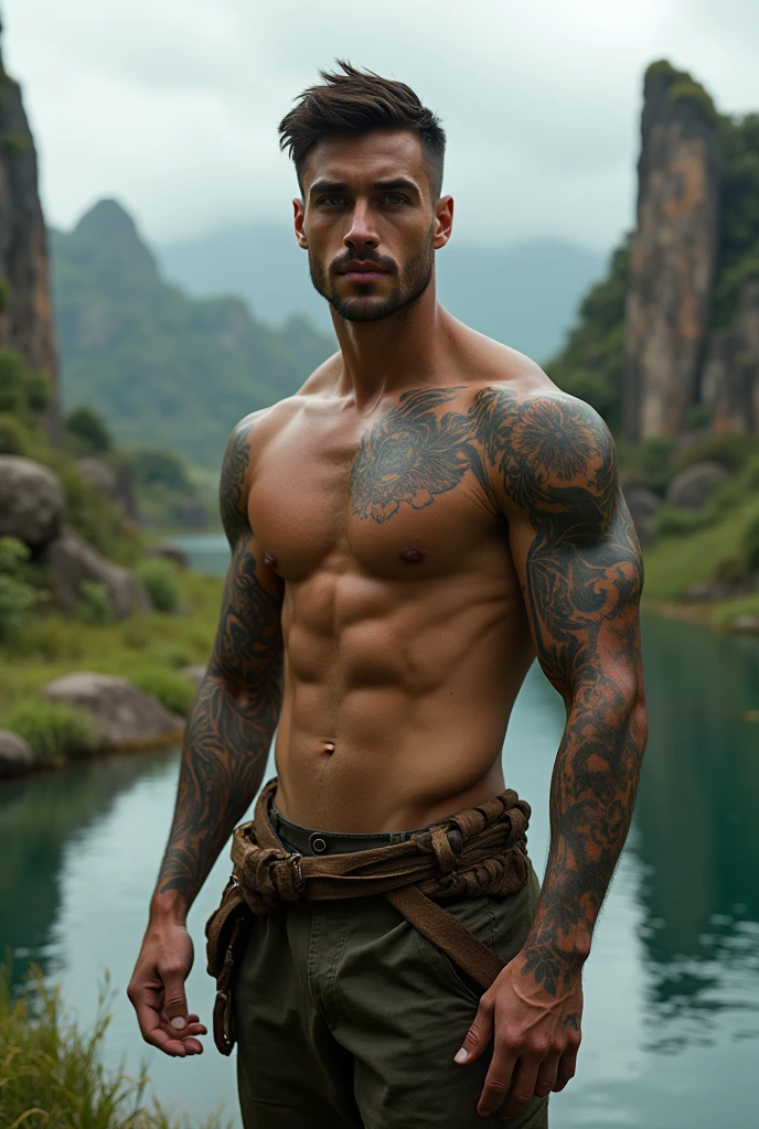 a tall handsome muscular young man, solo, explorer, extremely detailed face and body, (shiny smooth skin), hot glow in his skin, (full body tattoos), perfect facial features, beautiful eyes, short hairstyle, sexy gaze, looking at the viewer romantically, (explorer's clothes:1.5), ancient ruins, big lake, cloudy sky, lush nature, (best quality,4k,8k,highres,masterpiece:1.2),ultra-detailed,(realistic,photorealistic,photo-realistic:1.37),