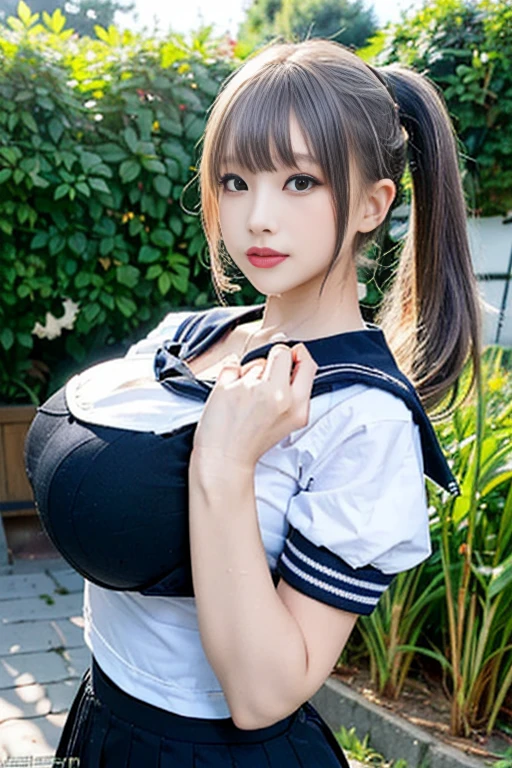 (Highest quality, 8k, 32K, masterpiece, Ultra-high resolution:1.5), Cute Japanese Girl, (Huge breasts:1.5), Long black hair,ponytail, bangs, (school uniform), Tight waist, (Outdoor, garden, blue sky),(high school girl), (oily skin:1.6), (sailor suit:1.5), (pony tail:1.5), heavy makeup