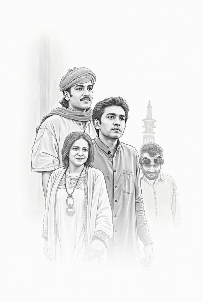 Pakistan independence day, art, cultural details, unique idea, pencil Sketch, few people, simple art