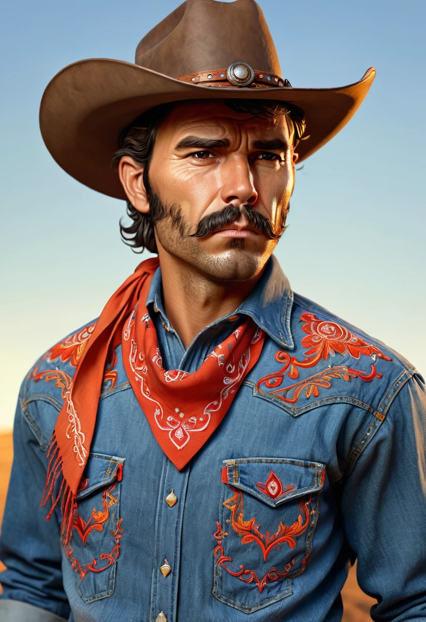 A rugged cowboy wearing a classic western hat and a denim shirt adorned with intricate embroideries. He has a red bandana tied around his neck, and his expression is serious and stoic. In the background, there is a warm orange gradient, adding a vintage feel to the scene. On the side, a partially torn vinyl record cove, the tear is in the shape of a dog adds an element of nostalgia, blending the themes of country music and the western lifestyle. The overall atmosphere is one of classic Americana and frontier spirit.