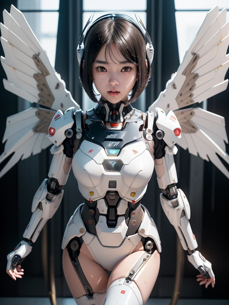((masterpiece, hyper quality, highly detailed)), photo realistic, realistic, (ultra high definition: 1.2), High resolution 16k, (Skin texture must be natural:1.5), (Light skin: 1.3), white skin:1.4, (Perfect Anatomy),,japanese high school girl wears only a futuristic Gundam Mecha,(Gundam Mecha), gundam style,with headgear,with gundam style v-fin on the forehead, (mechanical wings),, biomechanics , biomechanics thighs,mechanical shins and feet,visible cleavage,visible groin, android heroine, fully robotized!! girl, perfect android girl, small details. , (cute:1.2), (bob cut:1.3), Black Hair, Thick eyebrows, Light brown iris, Big, bright black eyes, Long eyelashes, Small, light-colored, natural lips, ((Average face of Japanese idols)), (The uniquely Japanese childlike face:1.3), (baby face:1.1), Wide forehead:1.2, Plump Cheeks, Small jaw, Detailed thighs,Slim body, in the hangar,looking at viewer,Focus on the eyes