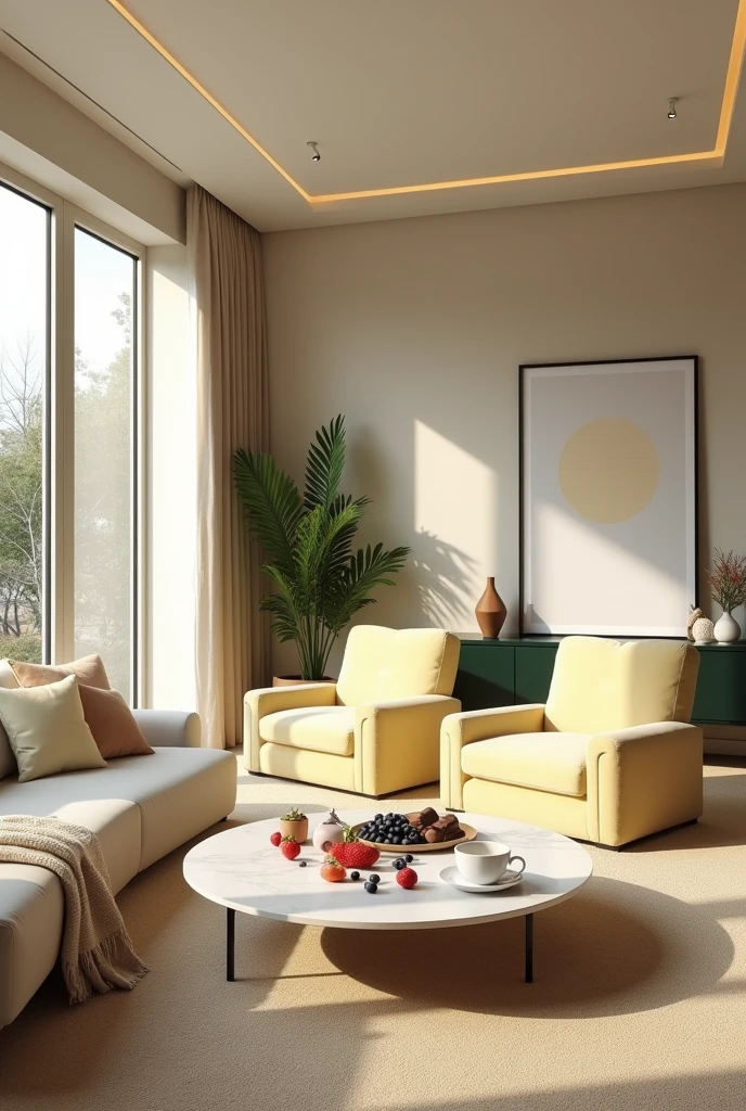 Professional 3d architecture rendering design of modern and minimal relax room with light lemon colour modern velvet 2 Florence sofa and Light cream blanket for sofa and white stone marble table modern and modern ceiling lighting and elegant ceiling lighting and Dark green consulate and modern ceiling lighting and elegant wall painting and elegant accessories and elegant green space and beautiful wall painting and modern windows and beautiful curtains and warm color for carpet and beautiful relax room and one dish of strawberry and blueberry and chocolate and cup of coffee on the table and garden view