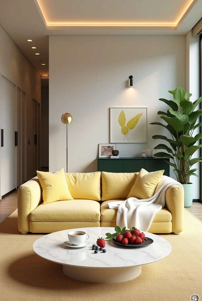 Professional 3d architecture rendering design of modern and minimal  relax room with  light lemon colour modern velvet  2 Florence sofa  and   Light cream blanket for sofa and white stone marble table  modern  and modern ceiling lighting and elegant ceiling lighting and   Dark green  consulate  and modern ceiling lighting and elegant wall painting  and elegant accessories and elegant green space and beautiful wall painting and modern windows and beautiful curtains and warm color for carpet and beautiful relax room and one dish of strawberry and blueberry and chocolate and cup of coffee on the table and garden view 