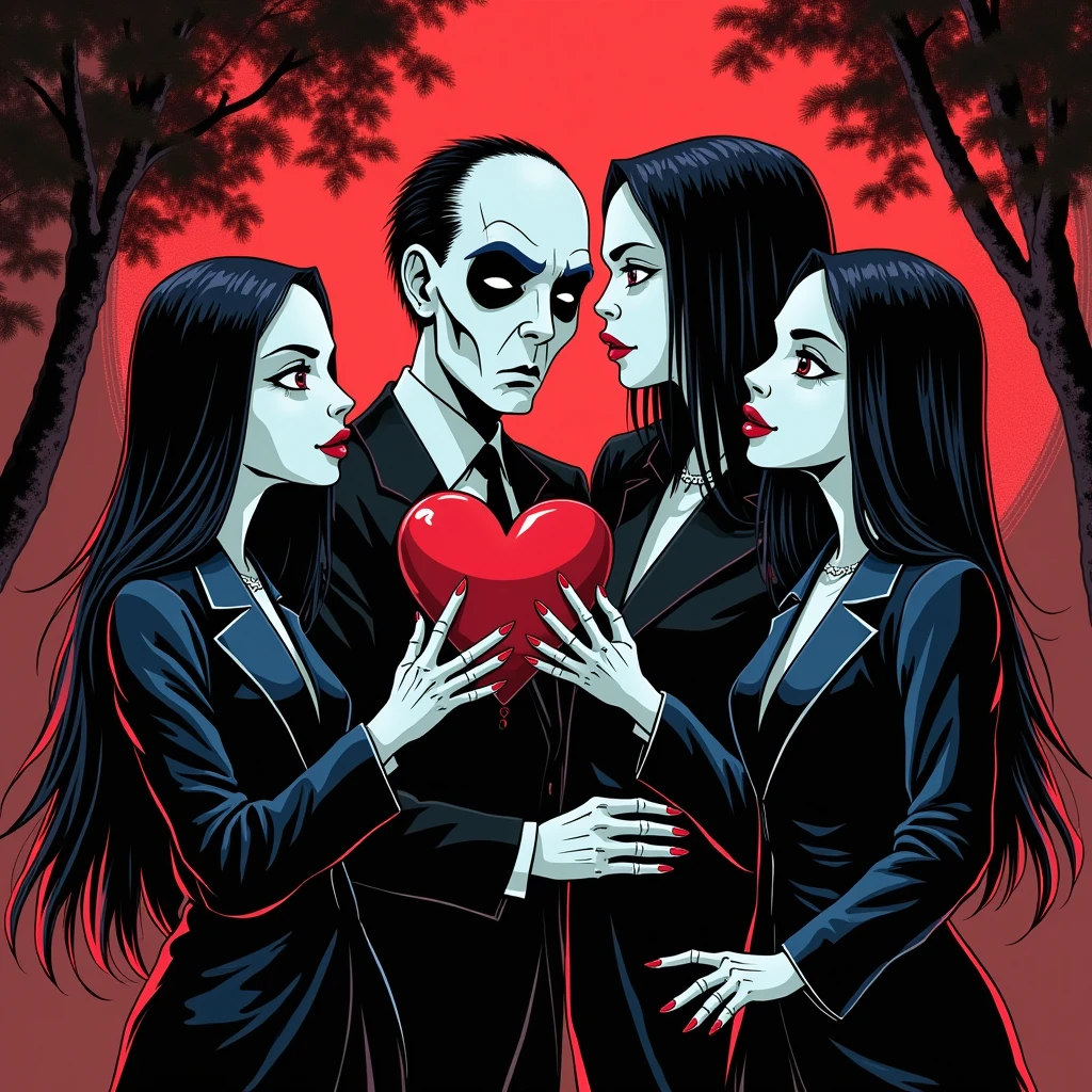 Japanese cyberpunk comic 8K, cyborgpunk Addams Family depiction, Addams Family eating hearts, black and white comic with flat colors, Addams Family, cyberpunk, 3D, 8K flat color spotlights. 3D shadows, eat hearts, hyper detailed hearts, depth, matte color, ultra UHD.