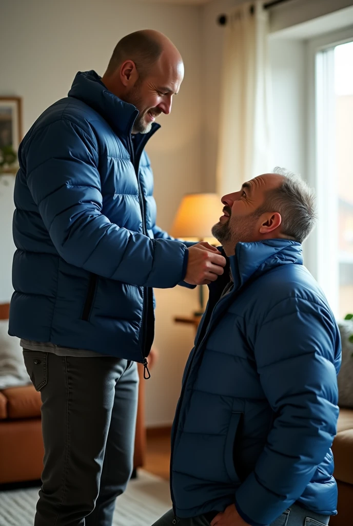 Create a hyper-realistic, high-resolution image showing two extremely handsome brightly lit living room. The wonderful and seductive uncle, aged 42, with short hair beginning to show signs of balding, is wearing dark pants and an open, *extremely shiny blue nylon puffer jacket* that exposes his slightly hairy chest and slightly prominent belly. He is kneeling on the floor, *wearing a collar around his neck*, being pulled by his gorgeous nephew, a 26 yo man with a naturally attractive physique, dressed in a fitted shirt and casual pants, stand in the side of his uncle. (((The *nephew pulls the collar with a confident and authoritative expression*, while the uncle, *kneeling*, looks up with a submissive expression))). The living room is natural high illumination, with natural, comfortable decor that enhances the realism of the scene. The image should capture every detail with precision, emphasizing the interaction and contrast of roles between the two men. HANSOME DOMINEERING NEPHEW STANDS NEXT TO HIS WONDERFUL SUBMISSIVE UNCLE KNEELING ON THE FLOOR BEING HUMILIATED AND TREATING LIKE AN ANIMAL TO A NEPHEW.