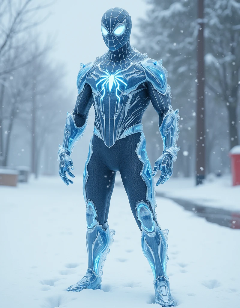 Spiderman hyper realistic ice style suit snow fall cold weather 