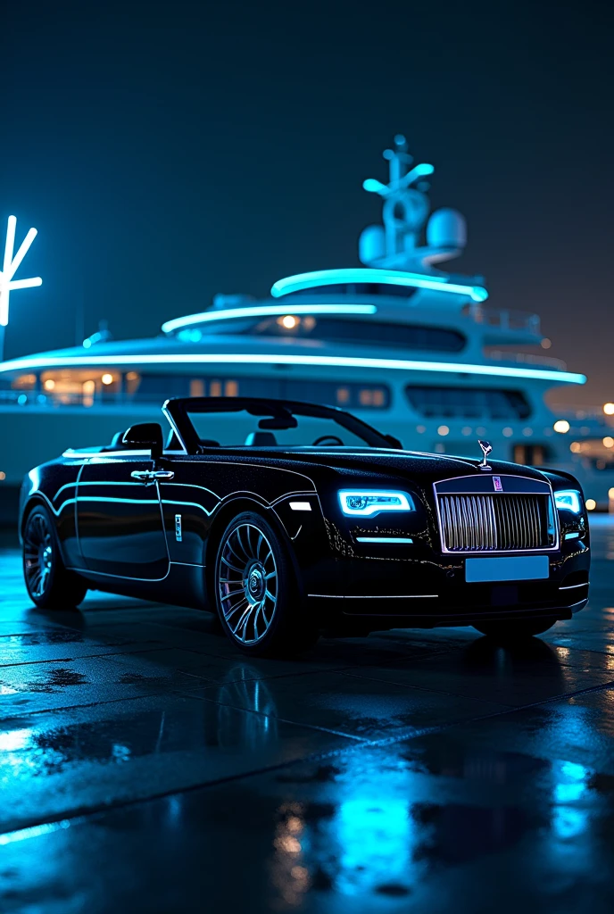 at night with high sky Rolls-Royce La Rose Noire Droptail parking in yat in the background, and blue neon lights 
