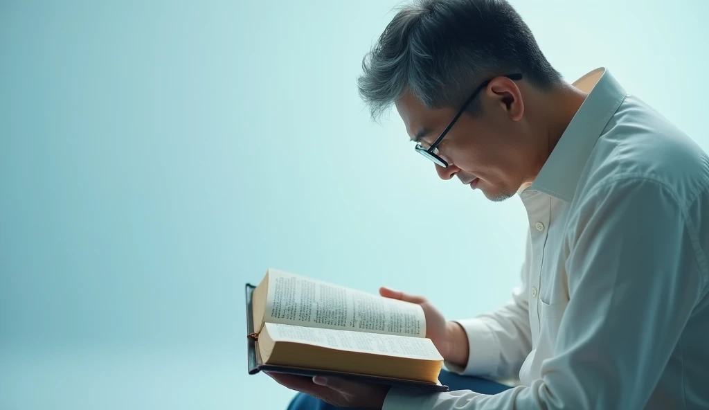 Give me a beautiful open Bible with a light blue background and an Asian man reading