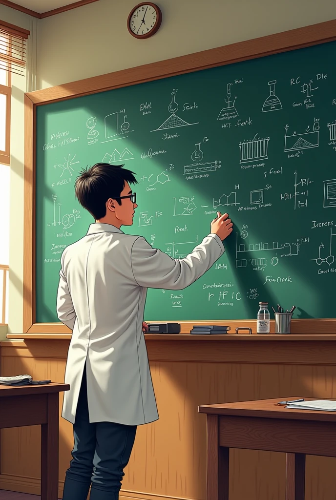 A young male Chinese chemistry teacher,Write on the blackboard,Created in the style of comic line drawings