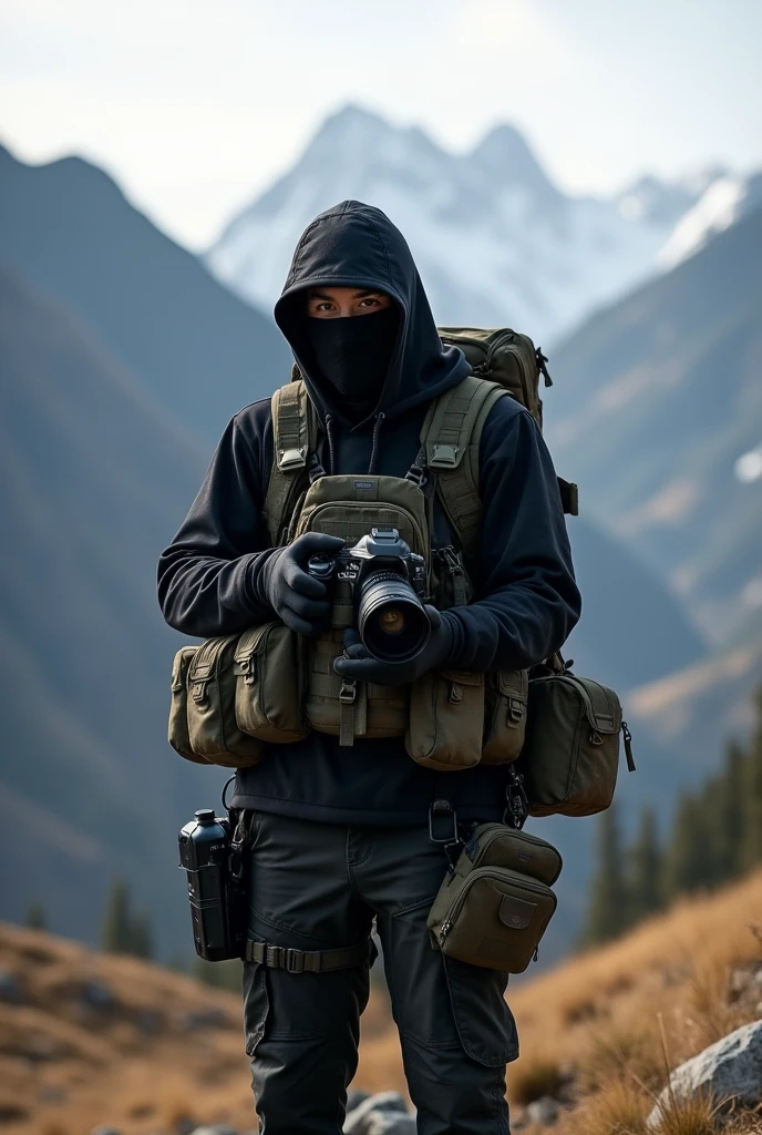 photographer wearing black tartical clothes. with cap and hoodie carry a lot of tactical bags holding camera to take photo and wearing black mask in the mountains.
