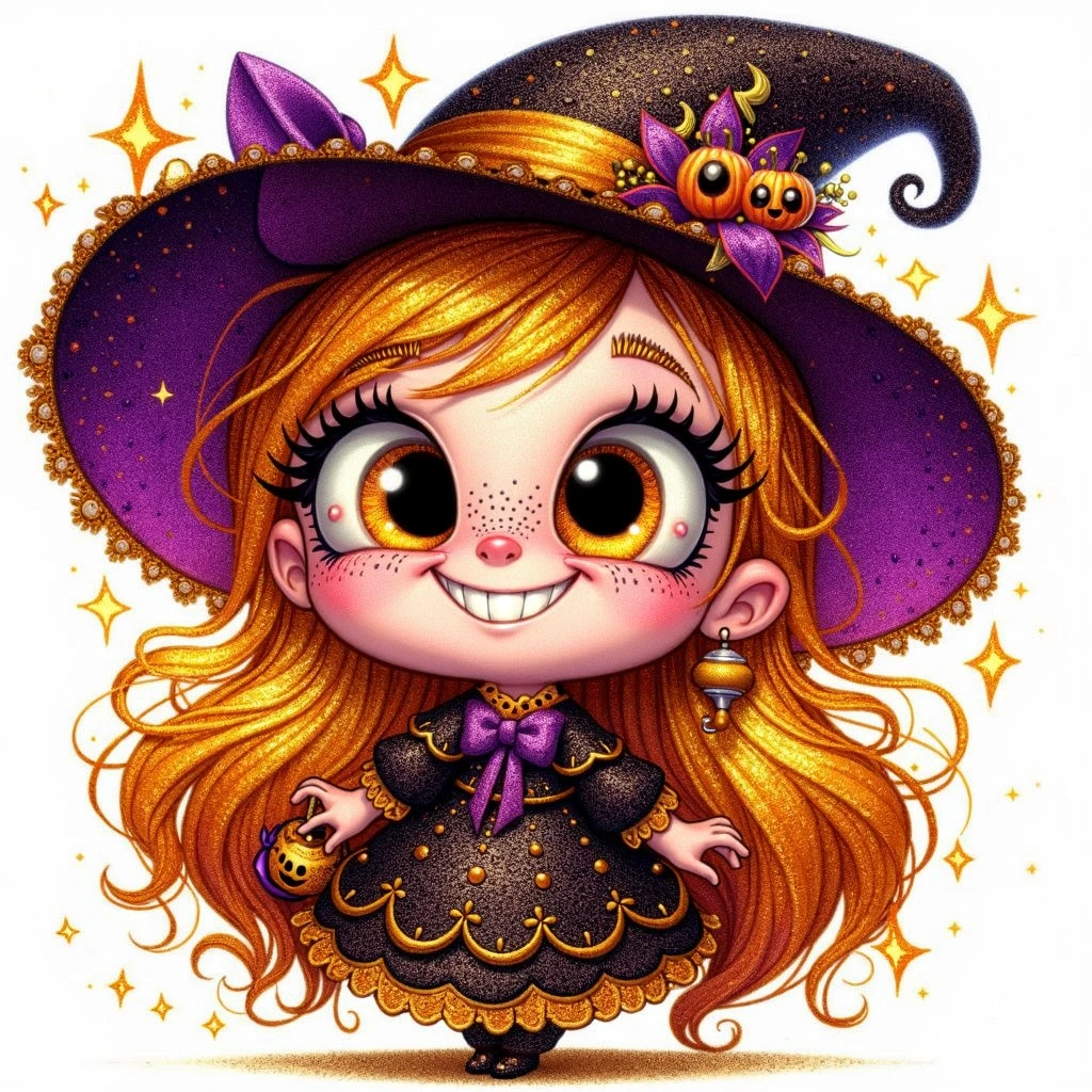 ultradetailed a quirky and funny and very cute and whimsical ultradetailed color 3D cute weird full body HALLOWEEN BEAUTIFUL HAPPY witch   with a mischievous expression character STAND, children's book illustration, bright light color, isolated in white background, HALLOWEEN scene, by DISNEY-PIXAR in the style of Gabriel Pacheco STYLE, (((SPARKLING GOLD))), detailed eyes WITH ULTRALONG LUSHES