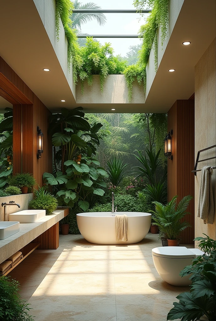 A luxurious bathroom featuring an indoor garden with an open skylight, bringing in natural light and fresh air.