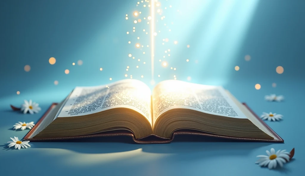 Give me a beautiful open Bible with a baby blue background