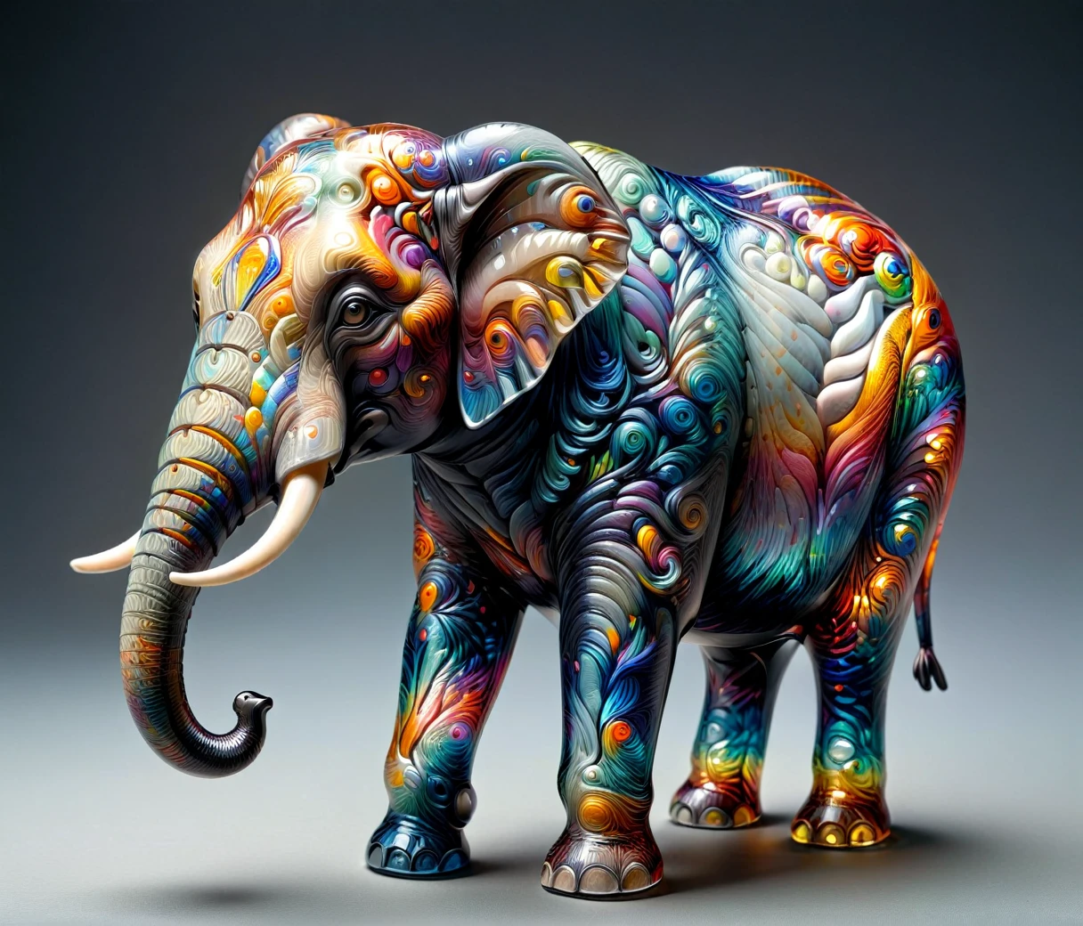 (chubby, male, elephant), transparent glass sculpture, vibrant colors, highly detailed, intricate details, best quality, masterpiece, mad-vangoghian, depth of field, (((grey background)))