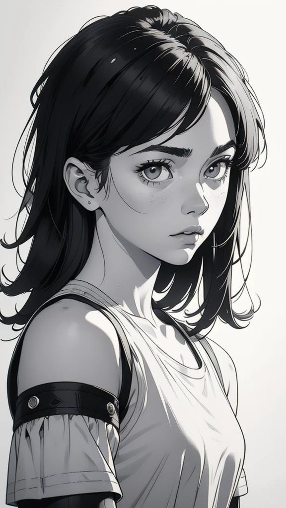 1 boyish girl, solo, sharp eyes, monochrome, greyscale, shoulder length black hair, portrait, (blank white T-shirt), Thin eyebrows, closed mouth, looking at viewer, detailed lips, hatching \(texture\), without makeup, (bangs hair), upper body, (best illustration), (best quality), (very detailed), (masterpiece), expressionless,