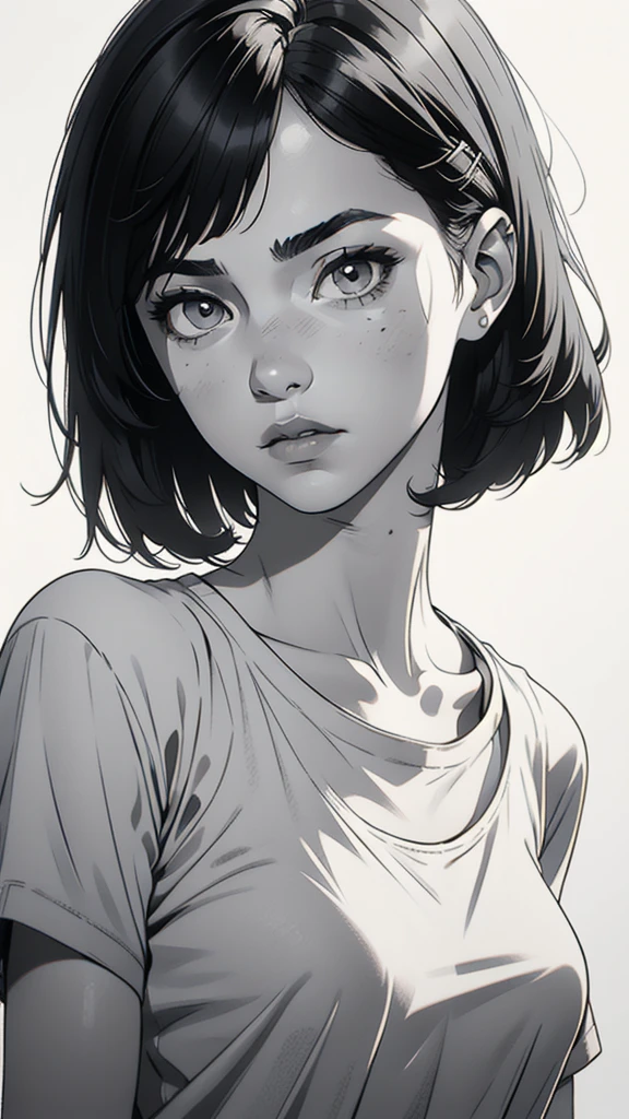1 boyish girl, solo, sharp eyes, monochrome, greyscale, shoulder length black hair, portrait, (blank white T-shirt), Thin eyebrows, closed mouth, looking at viewer, detailed lips, hatching \(texture\), without makeup, (bangs hair), upper body, (best illustration), (best quality), (very detailed), (masterpiece), expressionless,