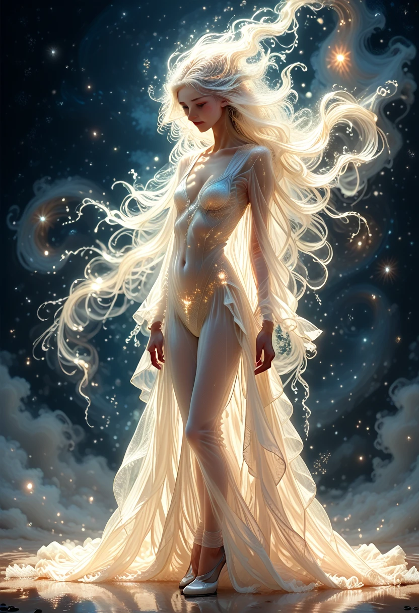 masterpiece, a beautiful void goddess, whole body in white transparent clothes, standing under the empty night stars, disappearing sheer pants, standing upright, Tall figure, slender legs, Detailed faces, detailed body parts details, 8k wallpaper