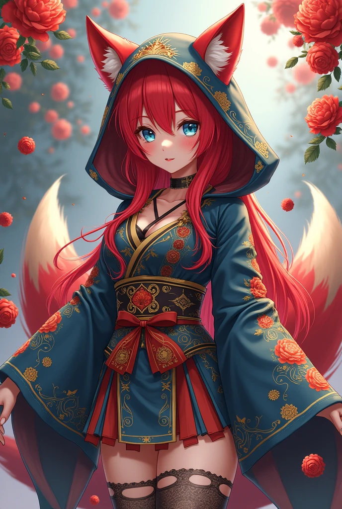 Kyoto Animation stylized anime mixed with traditional Chinese, Korean, Japanese artworks ~ Digital cel animation anime ~ A fox woman with red hair, and blue eyes, with detailed ornate hooded kimono, miniskirt, thigh highs,  fantasypunk fantasy world. Cinematic Lighting, ethereal light, intricate details, extremely detailed, incredible details, full colored, complex details, insanely detailed and intricate, hypermaximalist, extremely detailed with rich colors. masterpiece, best quality, 
