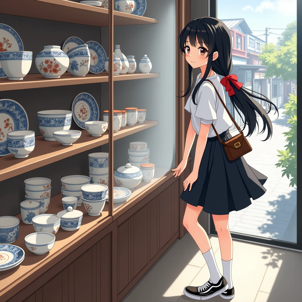 Anime Style, Realistic Background, Beautiful views,
A girl looking at ceramics, Hands in front, Place your hands on your thighs.
Casual clothes, Short sleeve, She's wearing a cute white collarless blouse, mid black flare skirt, Wearing white knee-high socks, Wearing sneakers.
Her hair style is low twin tails, with red ribbons, very long length and black, low pigtails.
bag, Late s, Small breasts, Has dark brown eyes.
trip, Japanの陶磁器, Kutani ware ceramics, dish, Bowl, Cup, shop, indoor, Japan, Glass Door, street,
Summer vacation, Daytime, from side,
close up face, upper body, solo focus, feet out of frame, focus on face, not full body.