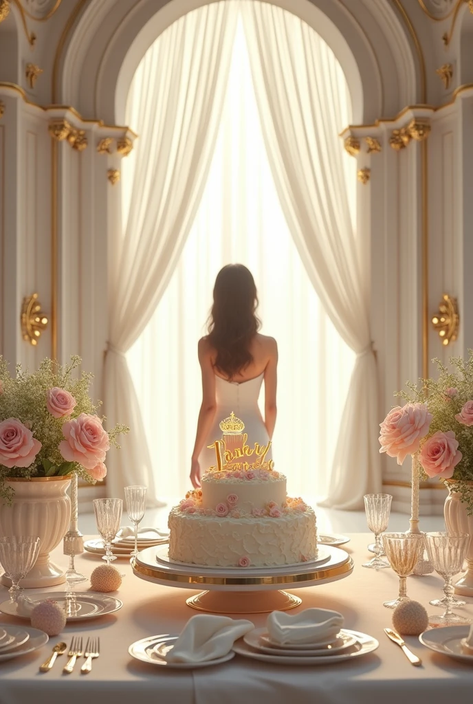 birthday cake,cream,detailed,White gauze arch,Luxury palace,First Person View,One person girl,A horsetail,Cake knife,Luxury Set
