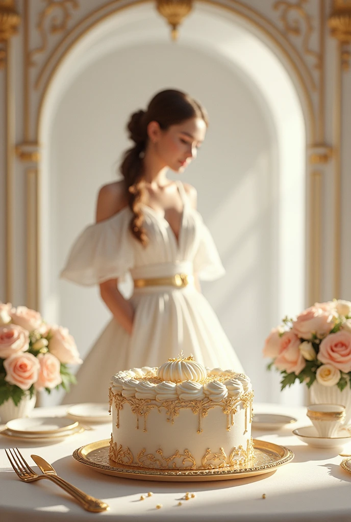 birthday cake，cream，detailed，White gauze arch，Luxury palace，First Person View，One person girl，A horsetail，Cake knife，Luxury Set