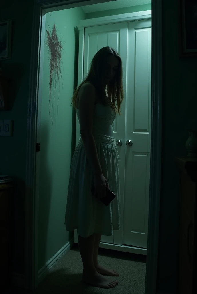 A shadowy, eerie view of the bedroom wall, with a hint of a scratching mark and a subtle, sinister texture.
The interior of a dark closet door, with an ominous, faint light seeping through the cracks, suggesting something unsettling within.
The wall of Jessica’s bedroom with visible, frantic scratching marks, suggesting an intense struggle or disturbance from inside.
A perspective shot from inside the closet, looking out towards the bedroom with the faint outline of scratching marks visible on the wall.
Jessica’s bedroom with the bed in disarray, indicating her sudden movement or disturbance as she reacts to the scratching sound.
A detailed shot of the photo message on Jessica’s phone, showing a clear image of her sleeping in bed, with a faint shadow or light indicating the vantage point of the photo.
A shot of the dark, ominous corner of Jessica’s bedroom, with the scratching sound intensifying, creating a palpable sense of dread.
A ghostly image of the wall with eerie shadows or light distortions, enhancing the sense of something lurking behind the surface.
Jessica’s face in close-up, illuminated by the phone’s screen, showing a mix of confusion and terror as she processes the unknown messages.
An exterior view of Jessica’s apartment building at night, with a focus on the window of her bedroom, hinting at the tension and mystery inside.