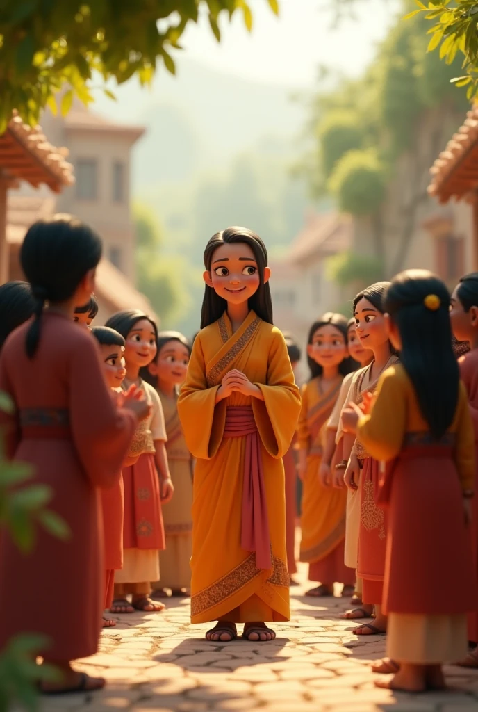 Need 3d animation style for Villagers gathering around Mannu, showing their gratitude as she humbly accepts their praise.