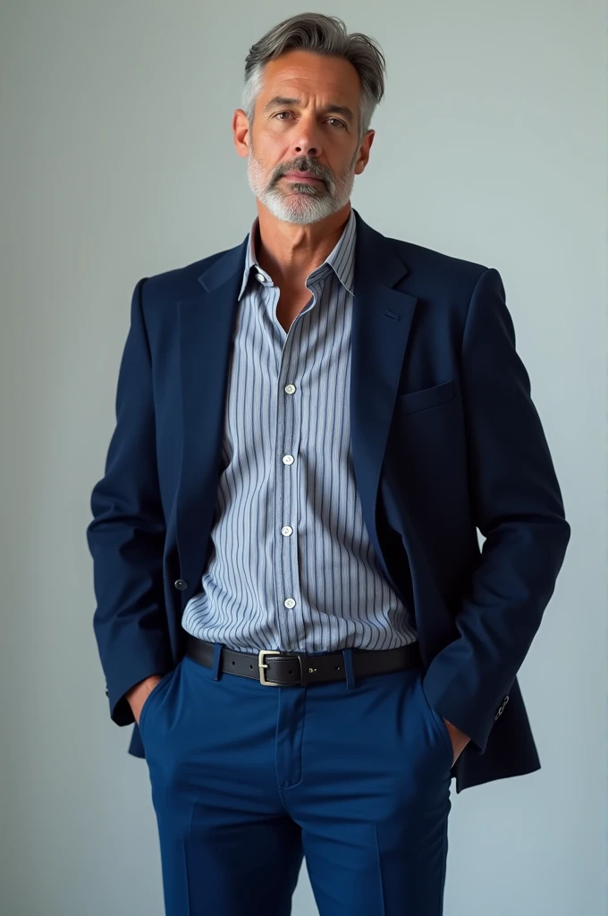 a man wearing gray shirt with blue stripes with a blue pent with navy blue jacket